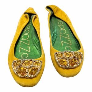 APEPAZZA Simba Ballet Flat Yellow Suede Rhinestones Round Toe Leather Shoes 8